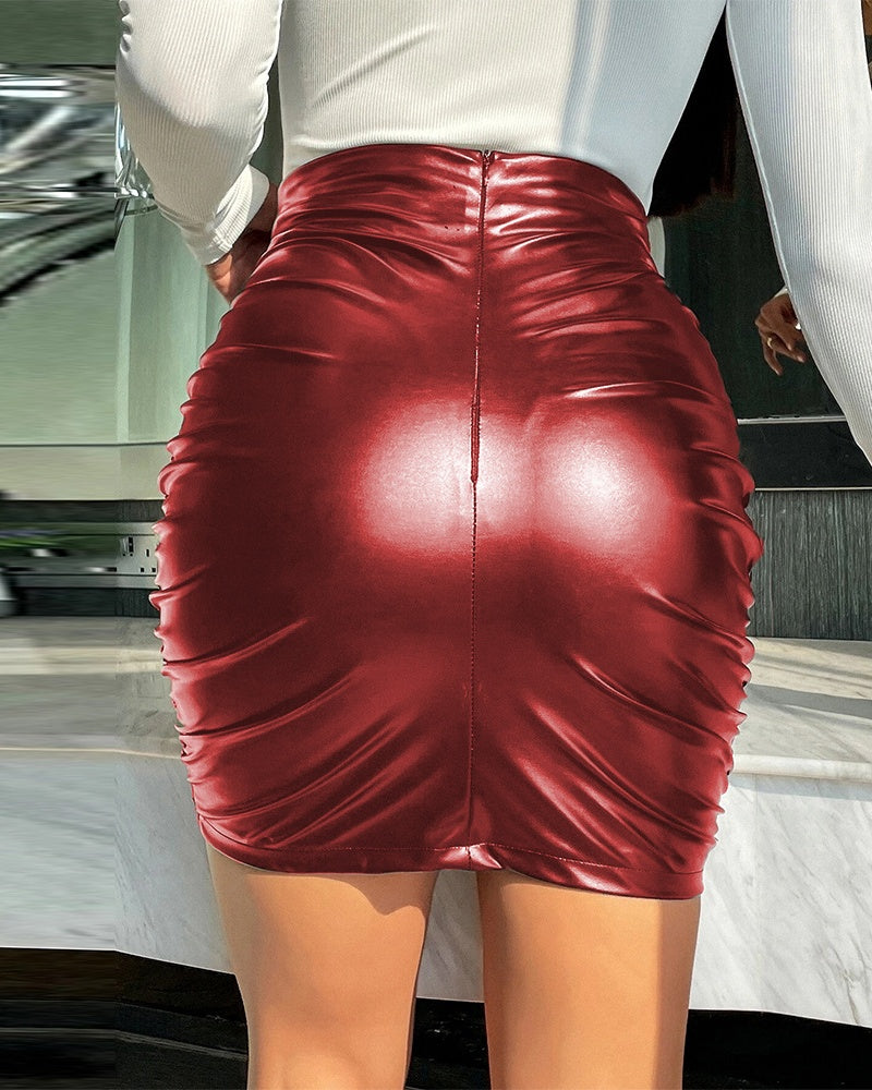 INS Stil PU Leder Faltenrock Hohe Taille Reißverschluss