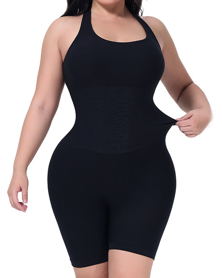Gerippter Neckholder Racerback Shapewear Bauchweg Po Lift Mittlerer Oberschenkel Bodysuit