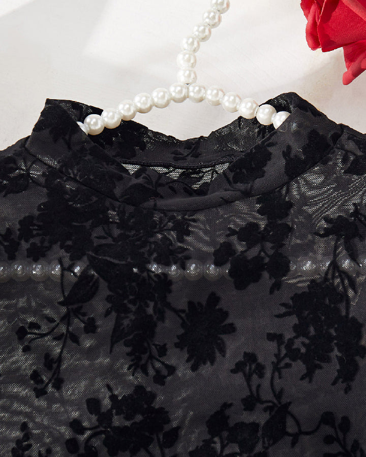 Sexy Mesh Beflockter Transparenter Stehkragen Lange Ärmel Bodysuit