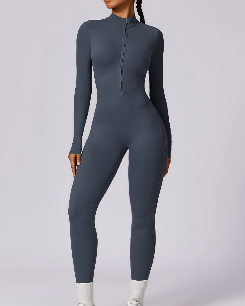 Einteiliger Athleisure Jumpsuit Lange Ärmel Frontreißverschluss Voll Bodysuit