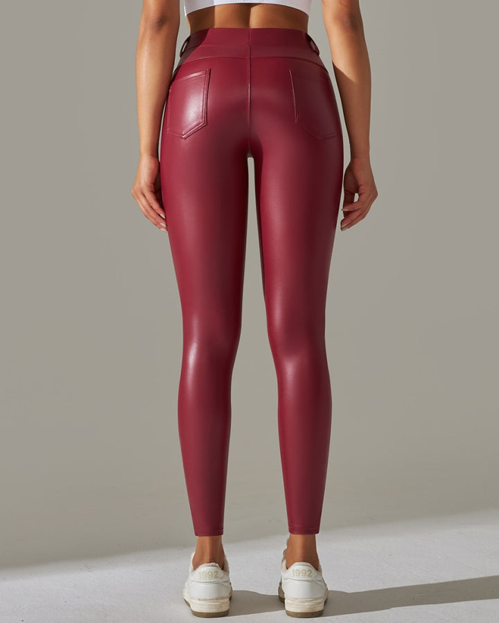 PU Lederhose Hohe Taille Enge Sport Yogahose Schmal