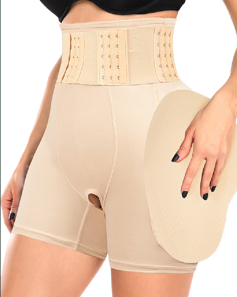 Hohe Taille 9-reihige Schnalle Shapewear Shorts mit Schwammkissen