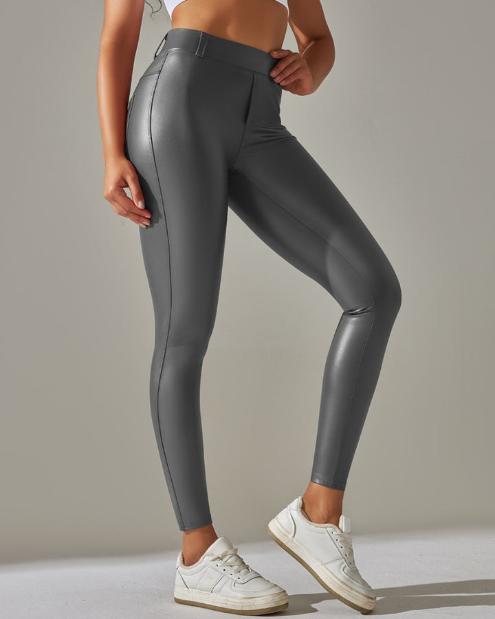 PU Lederhose Hohe Taille Enge Sport Yogahose Schmal