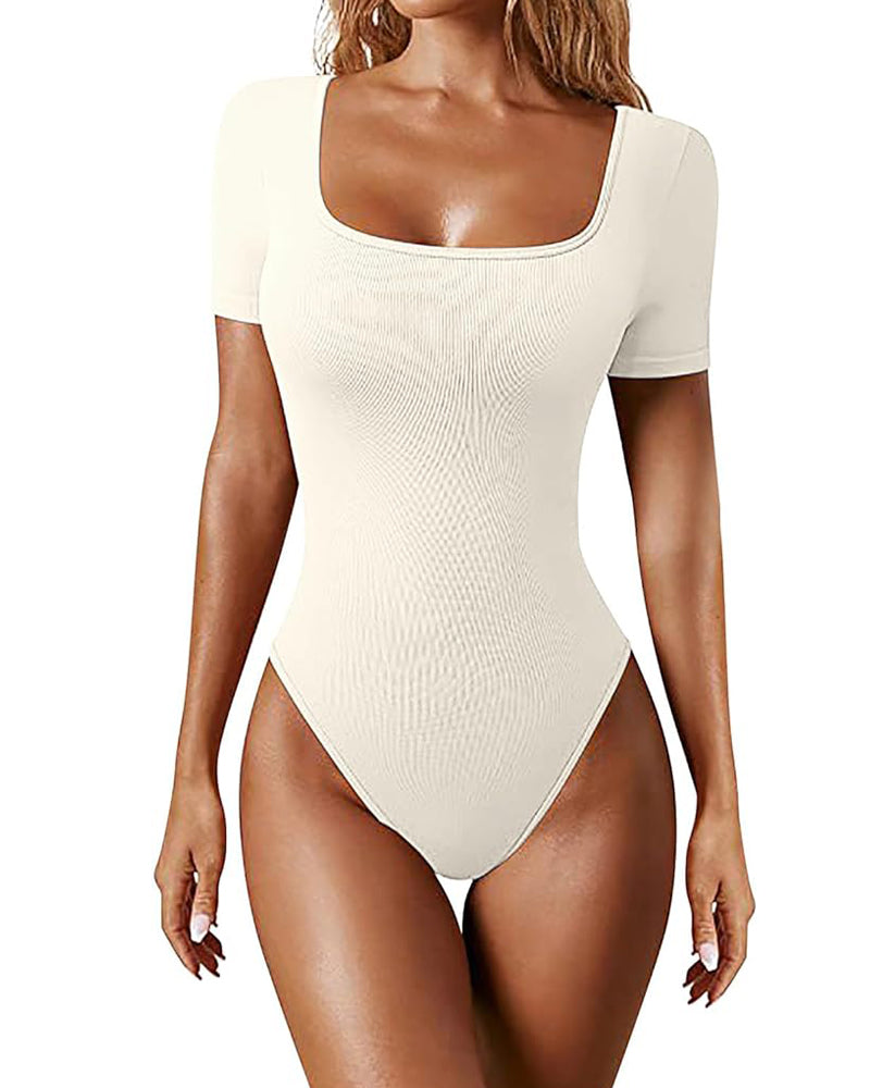 Sexy Gerippter Eckiger Ausschnitt Kurzärmeliger Kragen Tanga Bodysuit