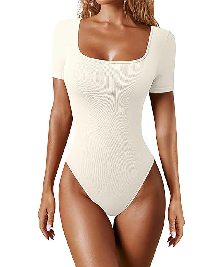 Sexy Gerippter Eckiger Ausschnitt Kurzärmeliger Kragen Tanga Bodysuit