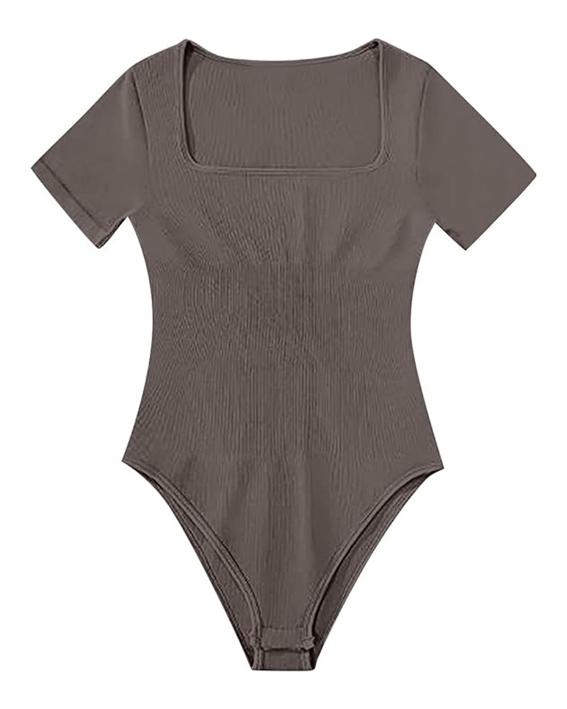 Sexy Gerippter Eckiger Ausschnitt Kurzärmeliger Kragen Tanga Bodysuit