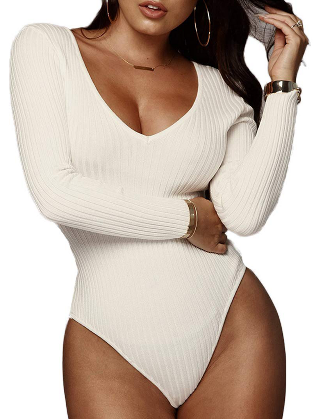 Sexy Tiefem V Ausschnitt Gestreifter Bodysuit Langarm Tanga Jumpsuit