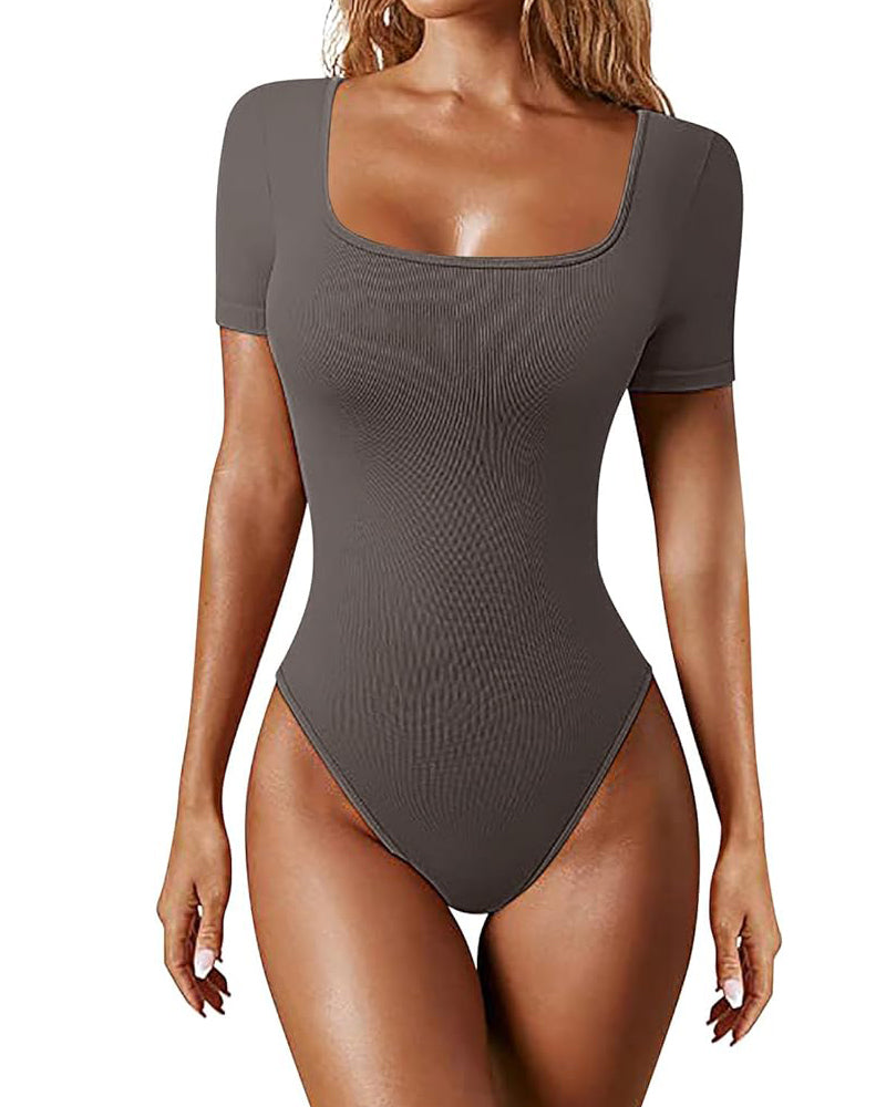 Sexy Gerippter Eckiger Ausschnitt Kurzärmeliger Kragen Tanga Bodysuit