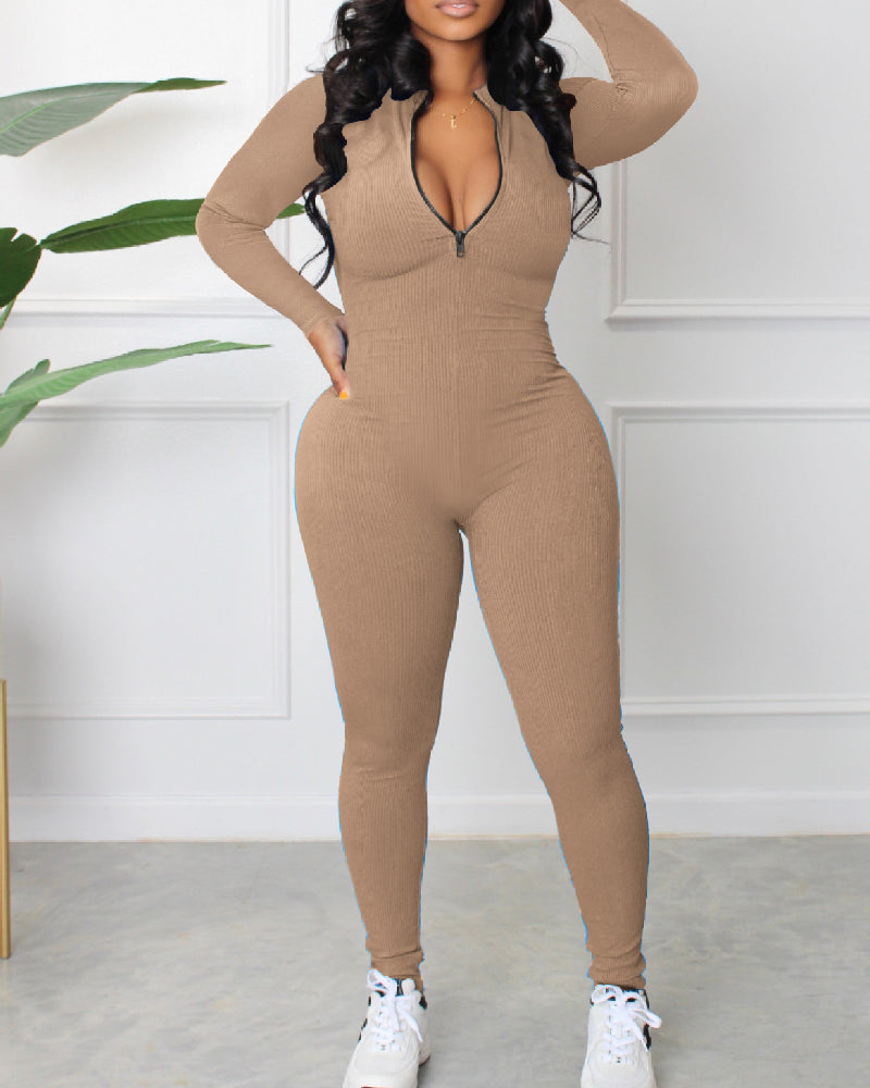 Damen Gerippter Jumpsuit mit Langen Ärmeln und Reißverschluss