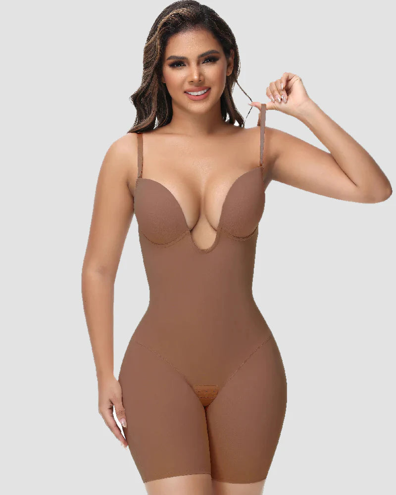 Damen U-Plunge Trägerlos Bodysuit Bauchkontrolle Integriertem BH Shapewear