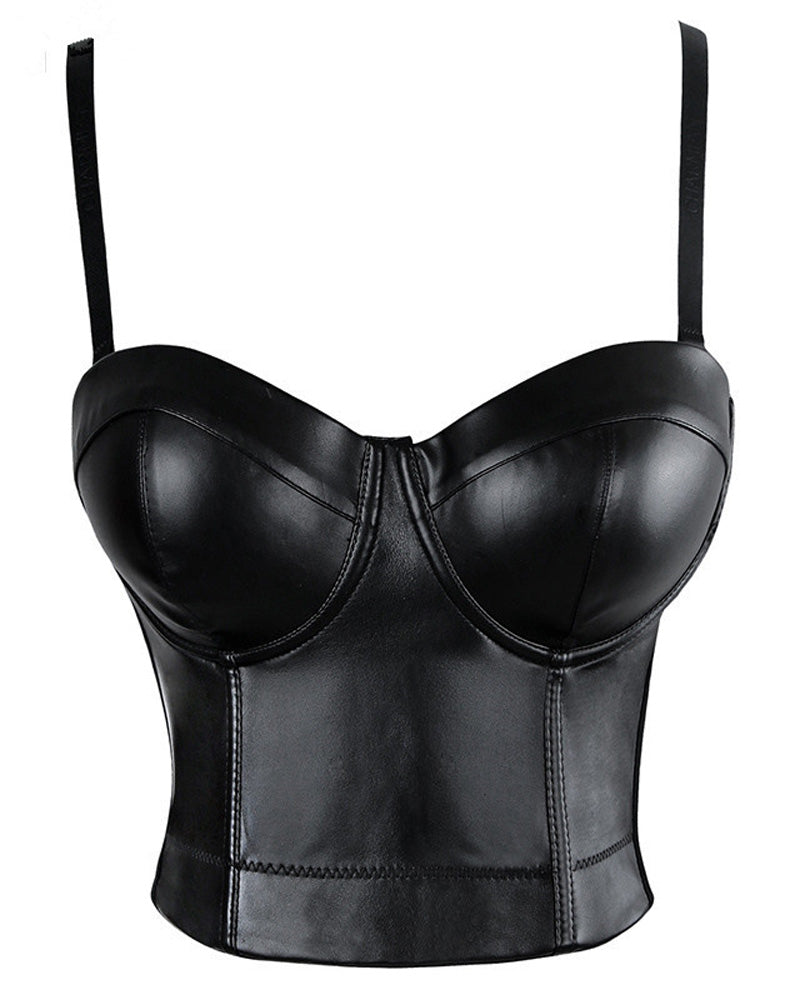 Damen Träger PU Leder Push-Up Korsett BH Bustier Crop Top