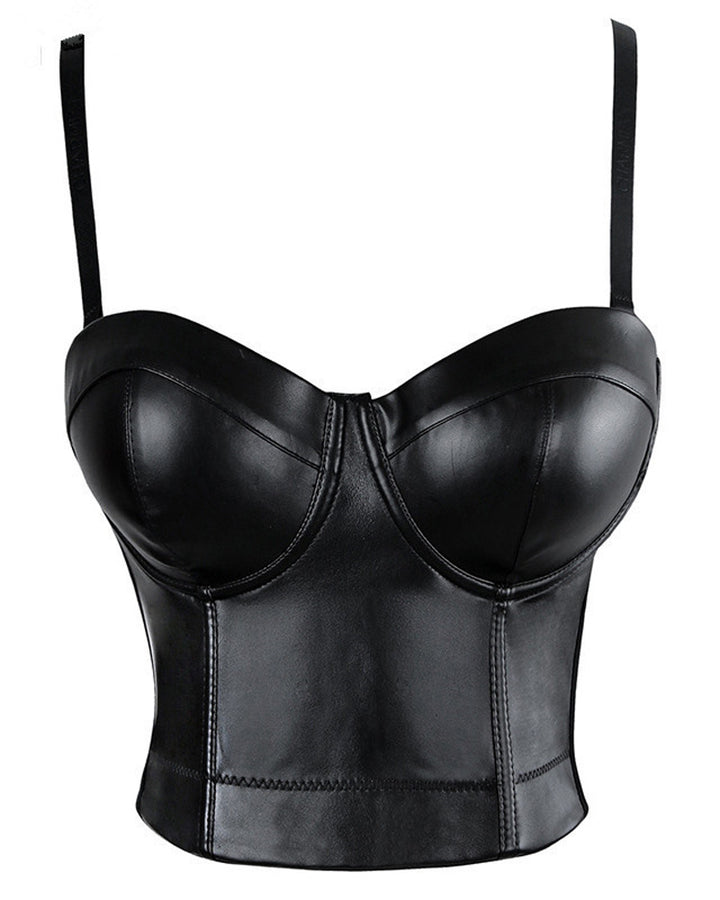 Damen Träger PU Leder Push-Up Korsett BH Bustier Crop Top