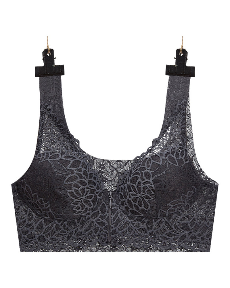 Stretch Reißverschluss Vorne Atmungsaktiver Sexy Spitze Weicher Ohne Bügel Push Up BH