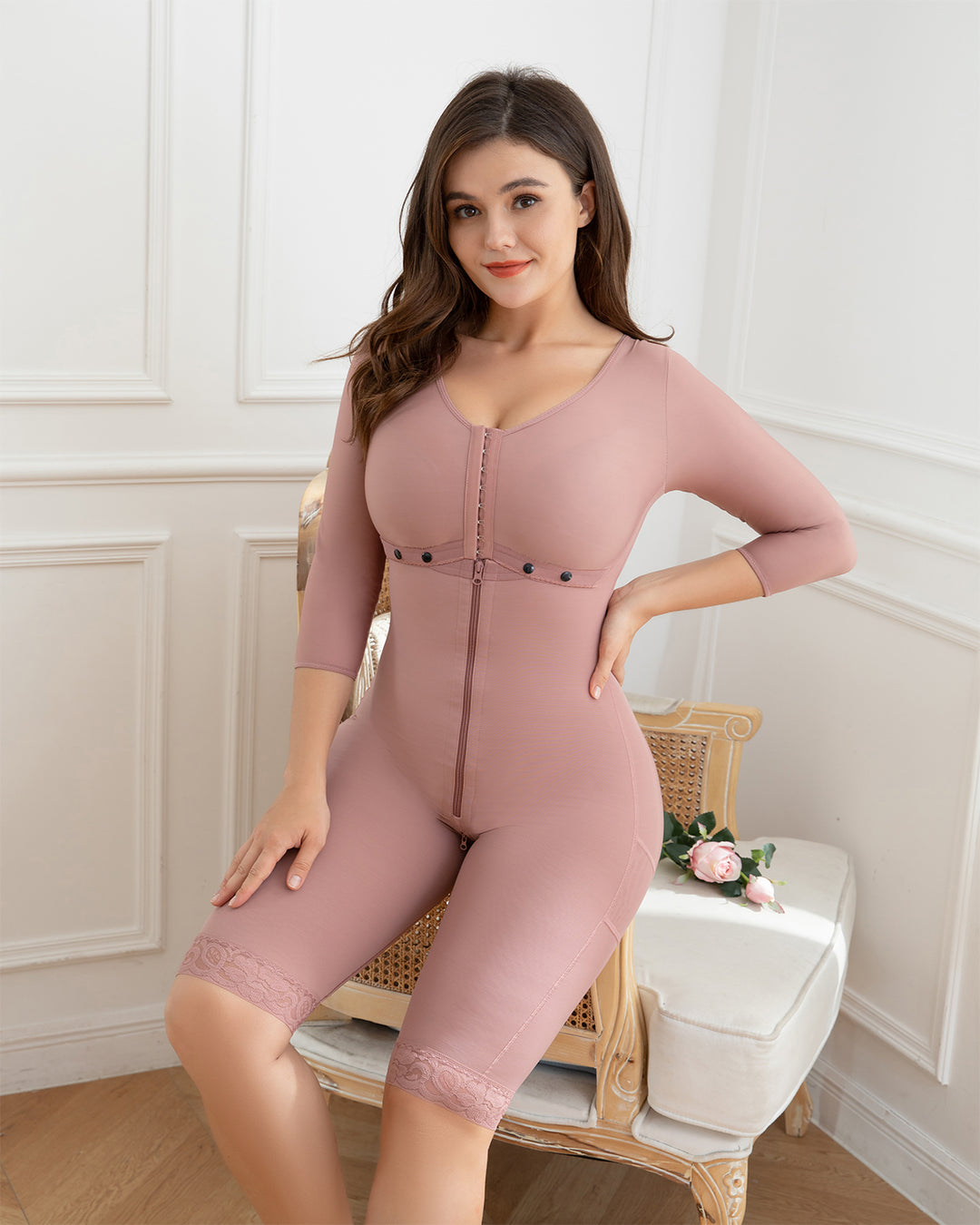Shapshe® Fajas RosyBrown Sanduhr-Shapewear für Damen. Mit Ärmeln und BH
