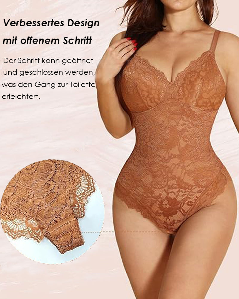 Sexy Einteiliger Spitzen Rückenfreier Tanktop Tanga Shapewear mit tiefem V-Ausschnitt