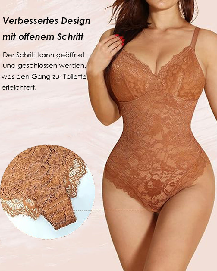 Sexy Einteiliger Spitzen Rückenfreier Tanktop Tanga Shapewear mit tiefem V-Ausschnitt