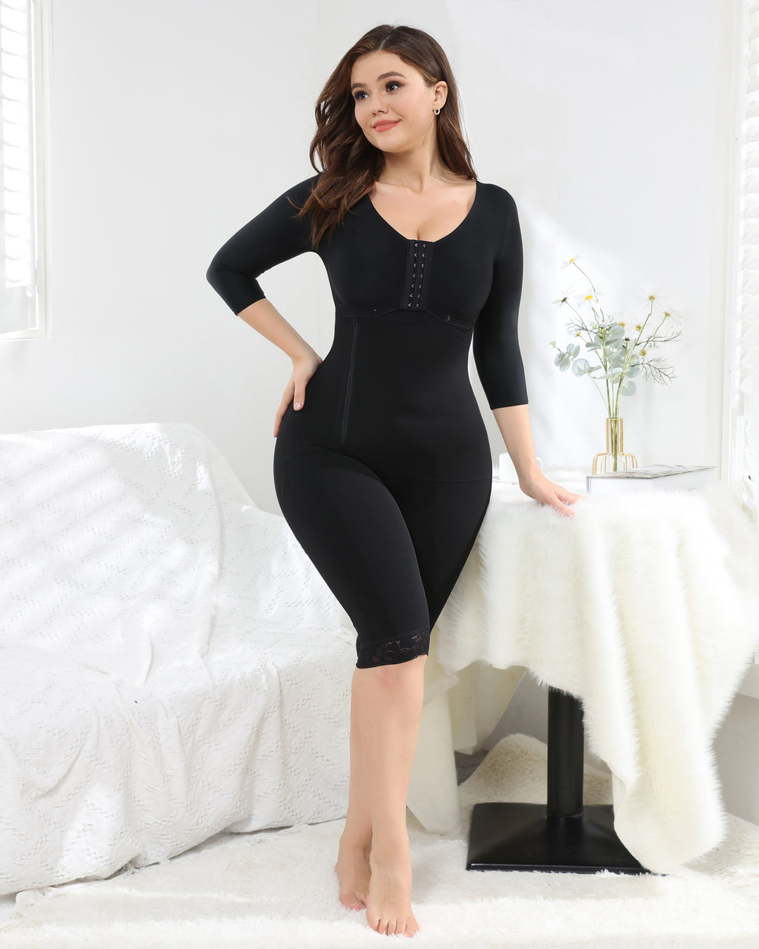 Shapshe® Schwarz Lange Ärmel Bauchkontrolle Po-Lifter Ganzkörper Shapewear