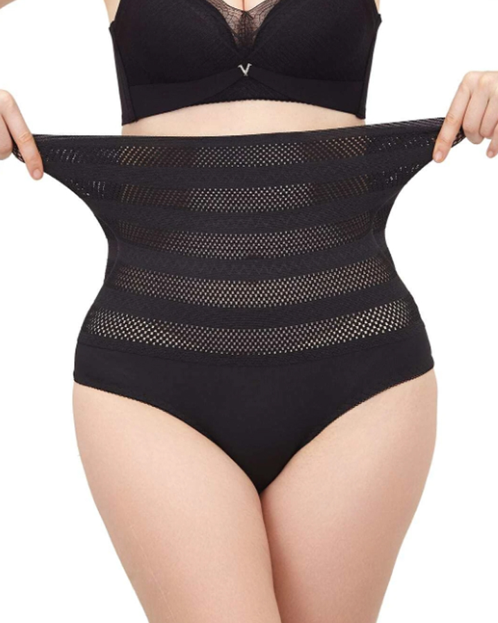 Damen Hohe Taille Zickzackmuster Shapewear Höschen Bauchweg Mesh Slips
