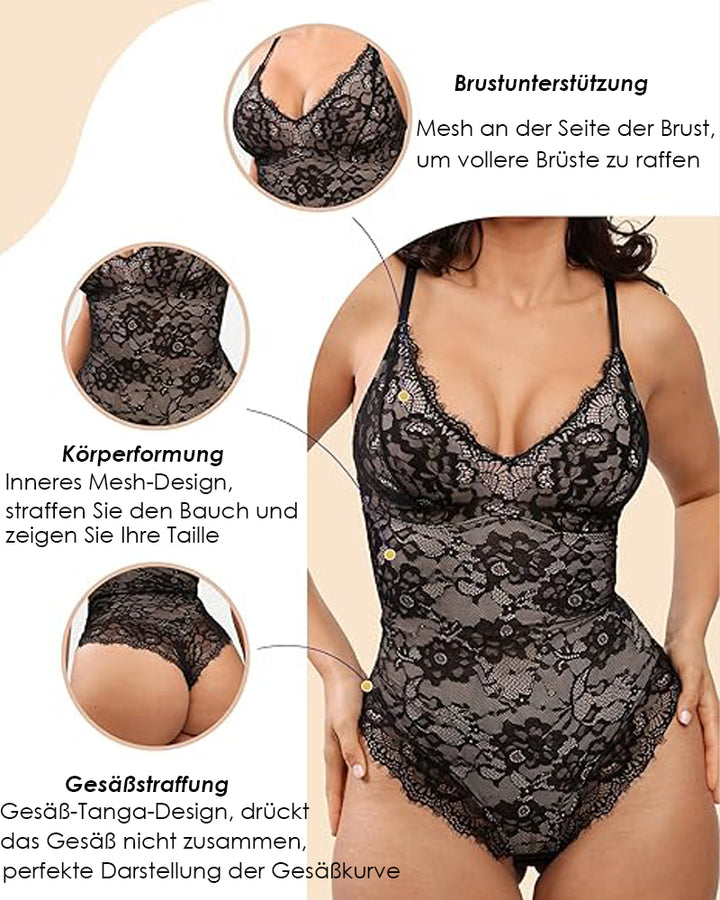 Sexy Einteiliger Spitzen Rückenfreier Tanktop Tanga Shapewear mit tiefem V-Ausschnitt