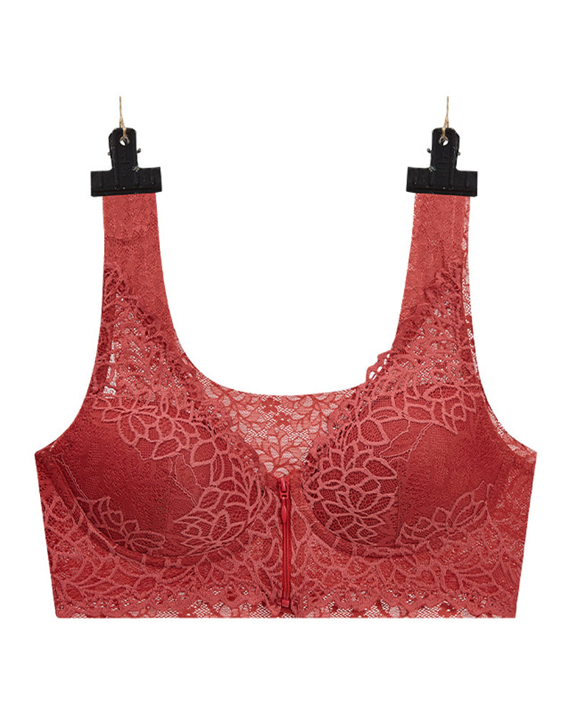 Stretch Reißverschluss Vorne Atmungsaktiver Sexy Spitze Weicher Ohne Bügel Push Up BH