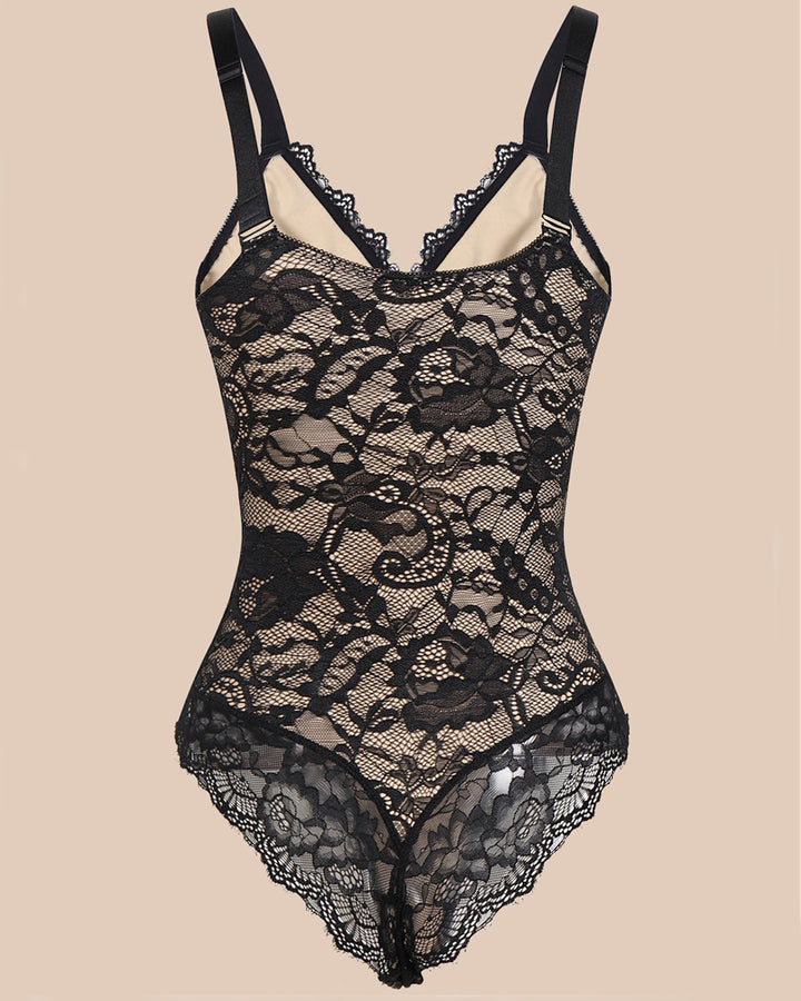 Sexy Einteiliger Spitzen Rückenfreier Tanktop Tanga Shapewear mit tiefem V-Ausschnitt