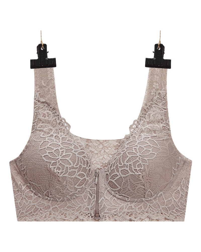 Stretch Reißverschluss Vorne Atmungsaktiver Sexy Spitze Weicher Ohne Bügel Push Up BH