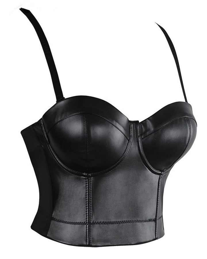 Damen Träger PU Leder Push-Up Korsett BH Bustier Crop Top