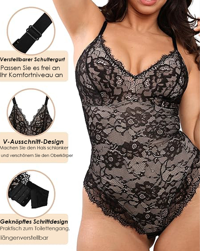 Sexy Einteiliger Spitzen Rückenfreier Tanktop Tanga Shapewear mit tiefem V-Ausschnitt