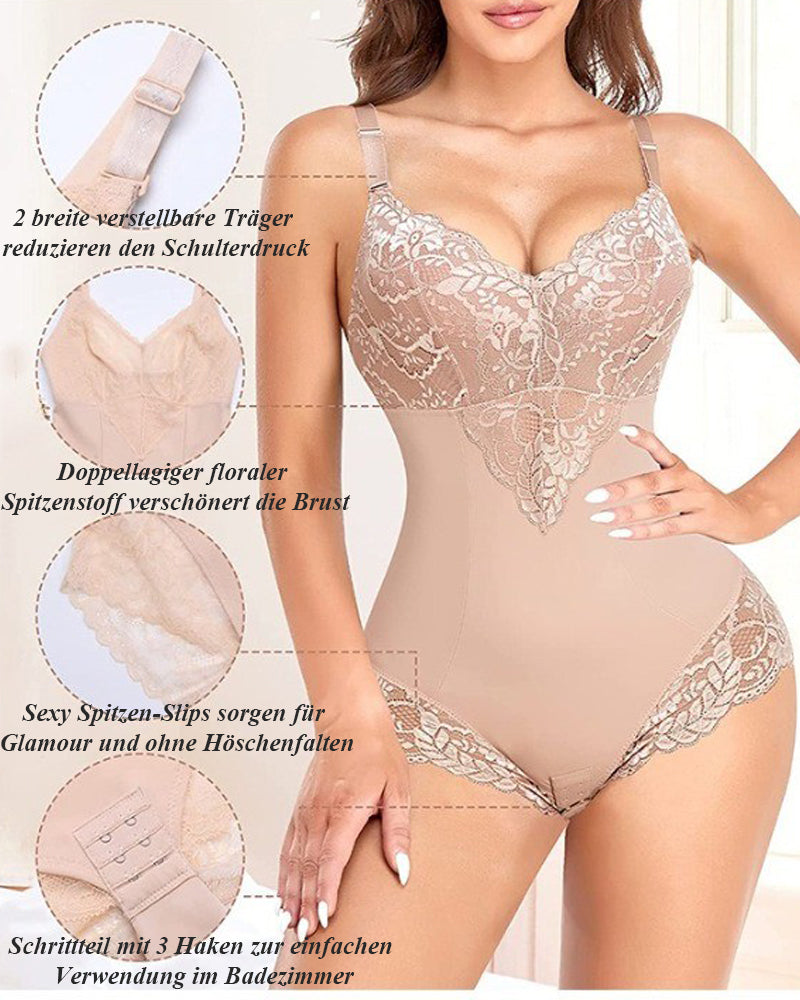 Spitzen V-Ausschnitt Bauchweg Mieder Ganzkörper Shapewear Body