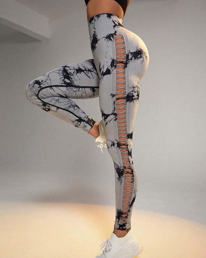Seitlich Ausgeschnittene Tie Dye Atmungsaktiv Hohe Taille Po-Lift Yoga Hosen