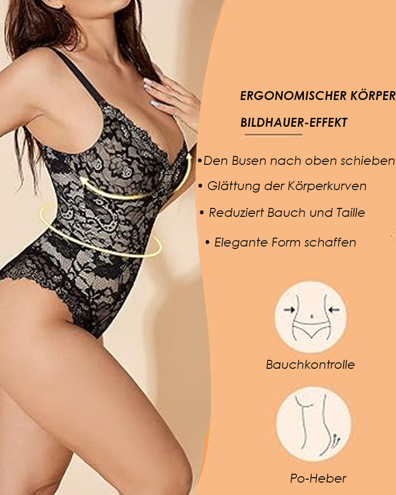 Sexy Einteiliger Spitzen Rückenfreier Tanktop Tanga Shapewear mit tiefem V-Ausschnitt