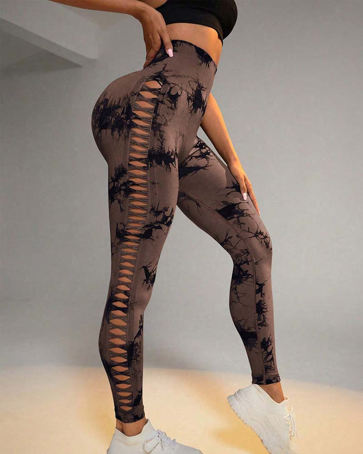 Seitlich Ausgeschnittene Tie Dye Atmungsaktiv Hohe Taille Po-Lift Yoga Hosen