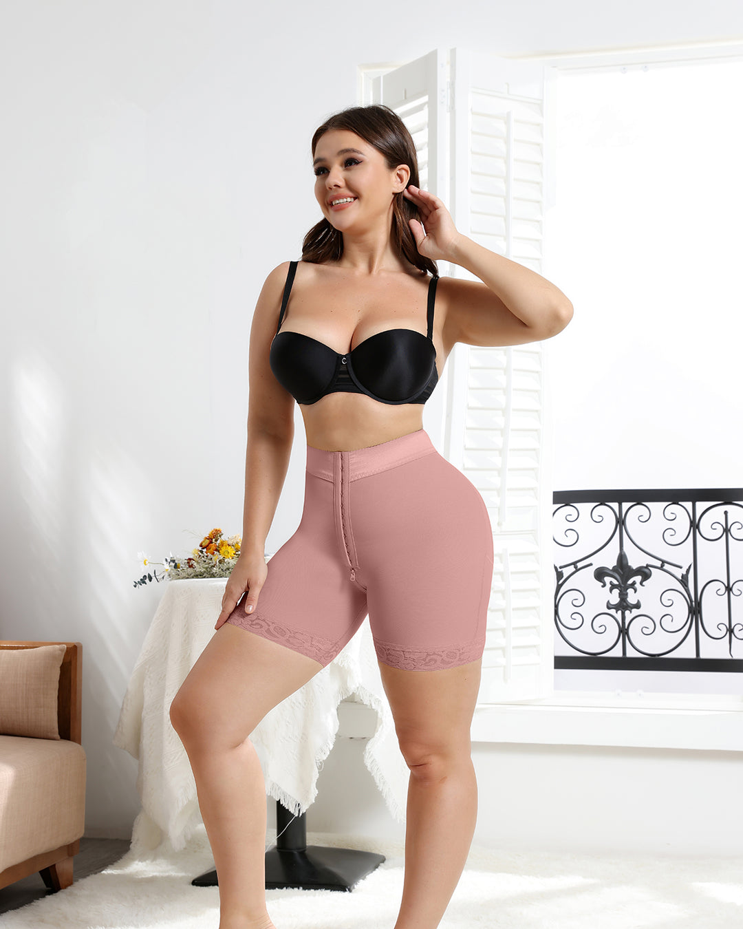 Shapshe® Rosybrown High Waist Butt Lifter Spitzenshorts