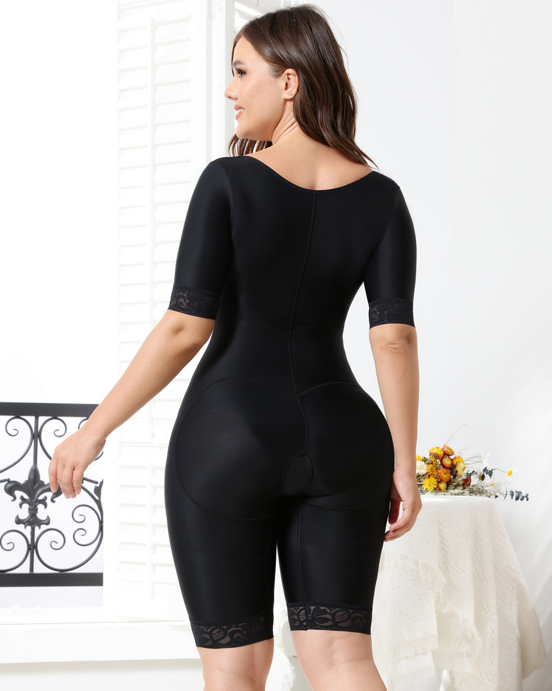 Shapshe® Schwarz Mitte Ärmel Reißverschluss Offene Büste Ganzkörper Shaper Shapewear