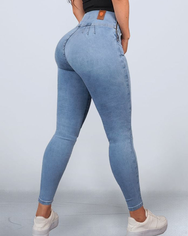 Shapshe® Damen Hoher Taille Skinny Po-Lift Jeans mit Seitlicher Reißverschluss